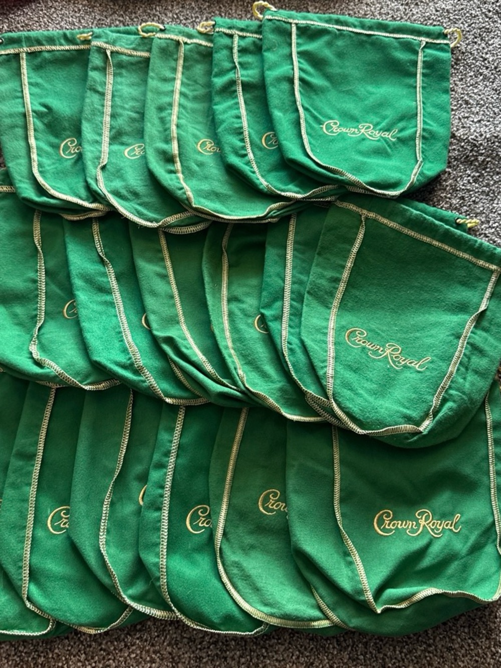 Crown Royal Velvet Drawstring Pouches — Green with Gold Logo (Lot)